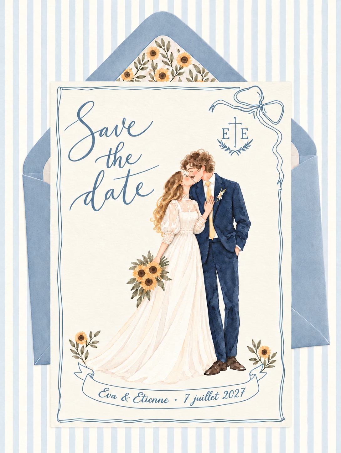 Notre carte Save the date : Eva et Etienne s’embrassent, entourés de tournesols, avec leur monogramme et la date du 7 juillet 2027