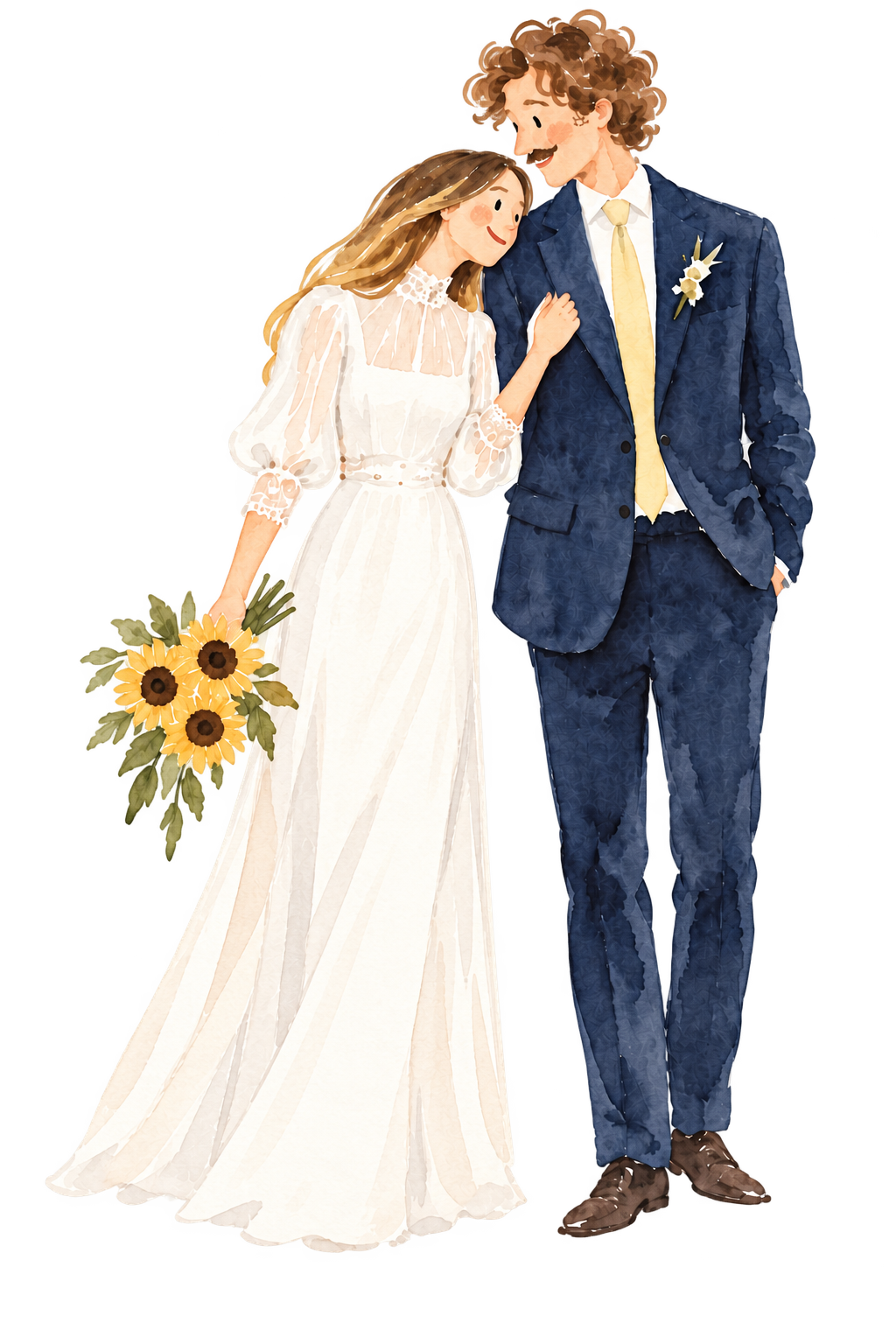 Eva et Etienne dessinés à l’aquarelle, avec un bouquet de tournesols